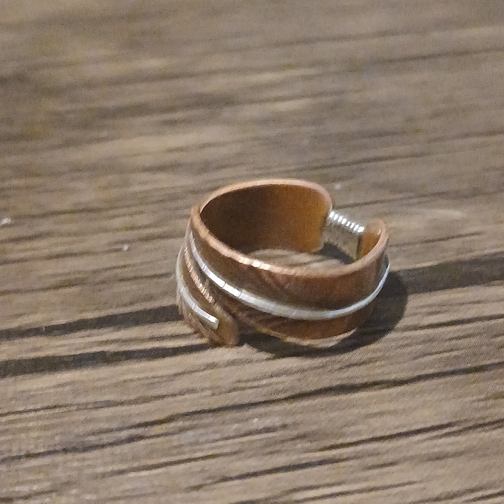 Sterling Copper Feather Ring Unique Vintage Stamped Sterling/Maker's Mark